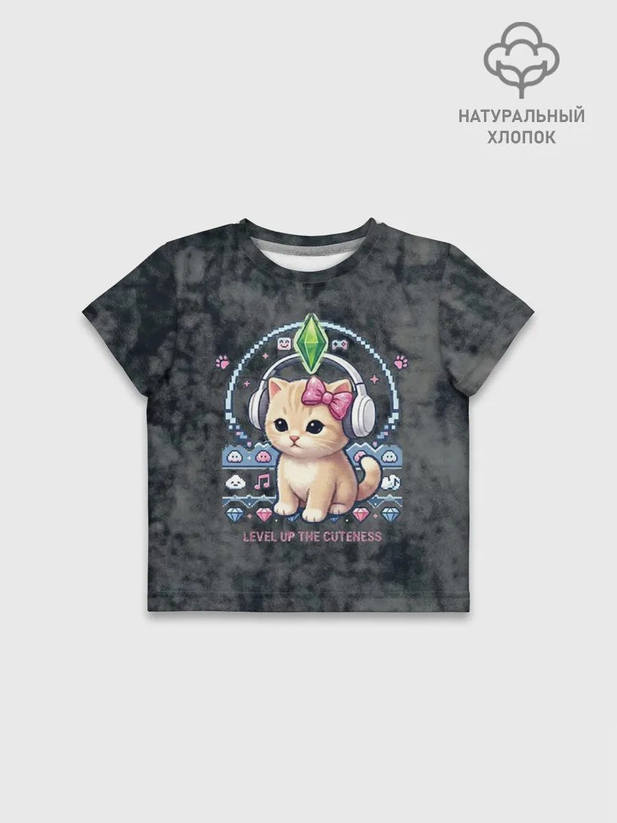 Футболка для девочки укороченная оверсайз хлопок / Kitty #55300