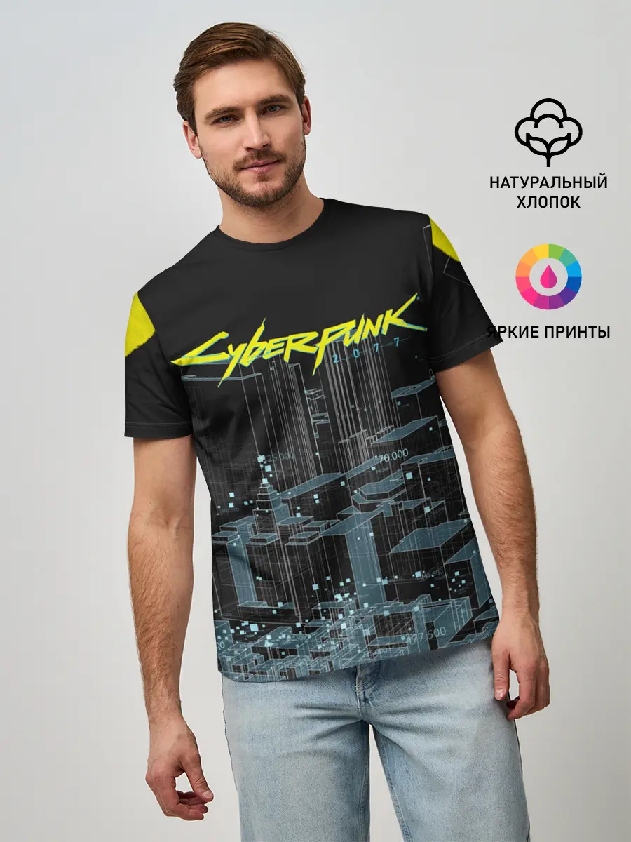 Мужская базовая футболка / Город CYBERPUNK 2077