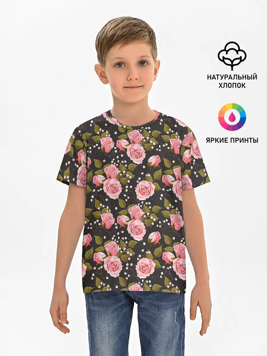 Детская базовая футболка / Яркие розовые розы