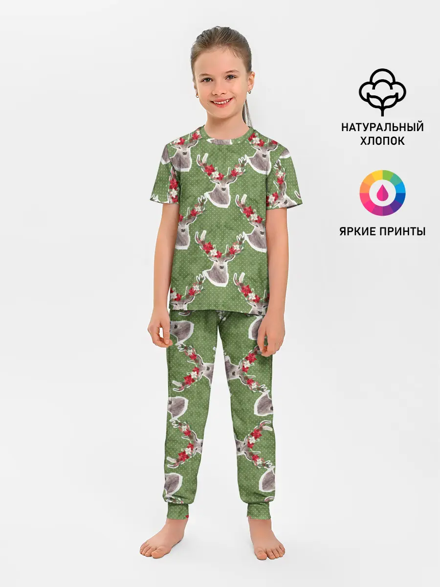 Детская пижама с брюками / Новогодние олени 2022