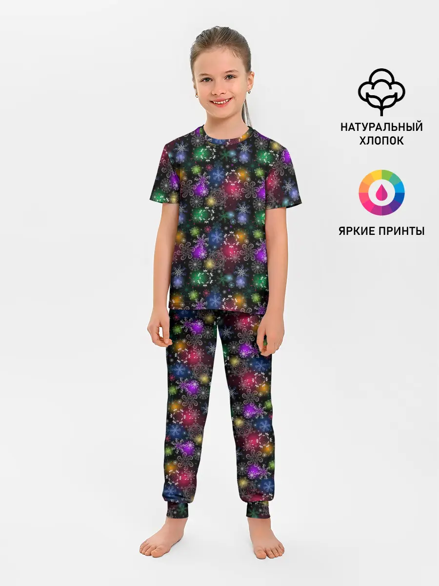 Детская пижама с брюками / Снежинки в разных цветах