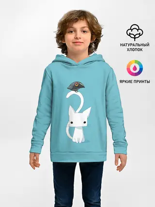 Детское худи / Белый котик и воробушек