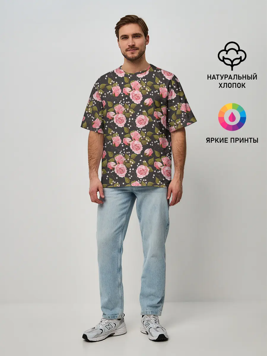 Мужская футболка оверсайз / Яркие розовые розы