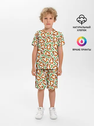 Детская пижама с шортами / Тигрята, еловые ветки и желуди