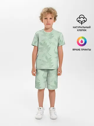 Детская пижама с шортами / Зеленые листья на светло зеленом