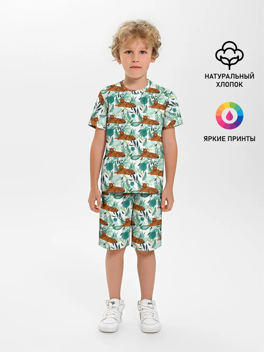 Детская пижама с шортами / Цветы и Тигр Паттерн