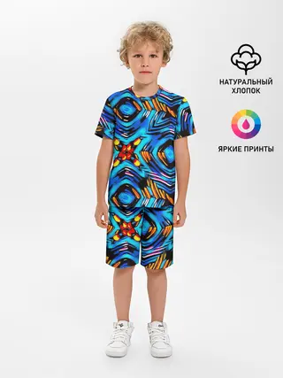 Детская пижама с шортами / Желто-синий абстрактный узор