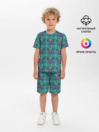 Детская пижама с шортами / Бирюзовый клетчатый узор