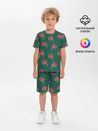 Детская пижама с шортами / Розы на зеленом фоне