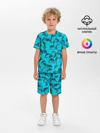 Детская пижама с шортами / Синий камуфляж с дельфинами