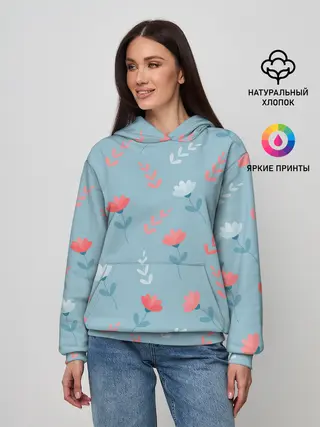 Женское худи / Цветочки и листики на голубом