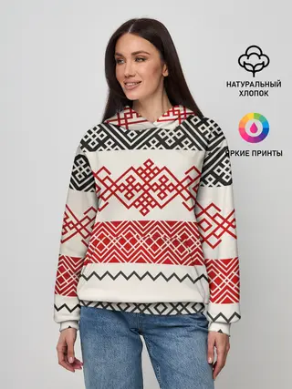 Женское худи / Славянский узор красно-черный