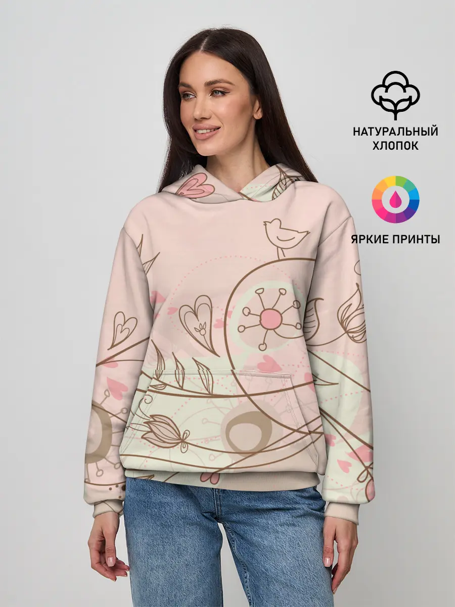 Женское худи / Летний узор цветы птичка